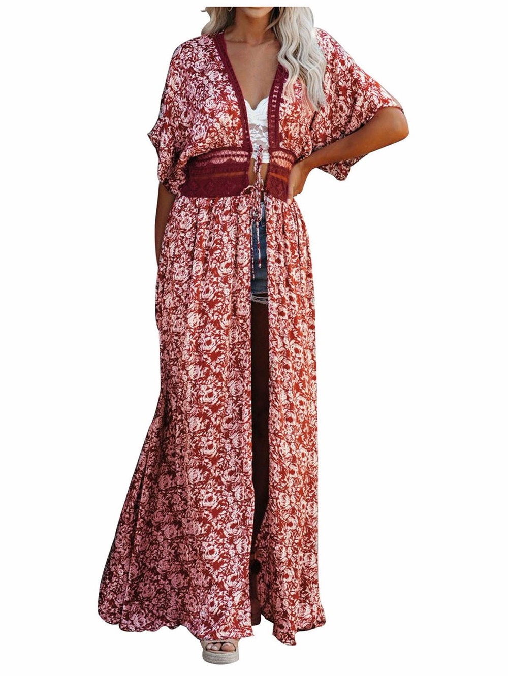 Aakaa Rust Red Floral Boho Maxi Dress